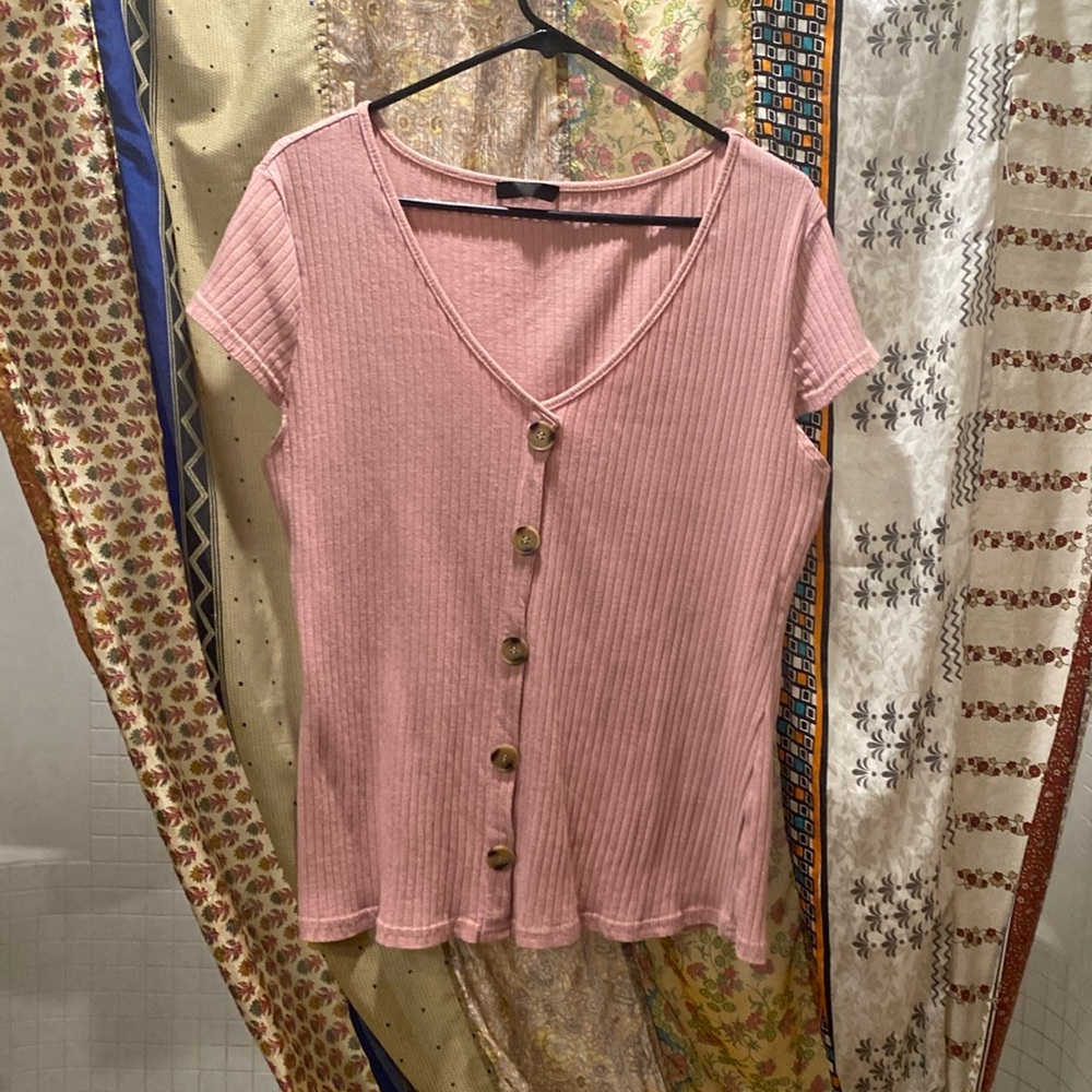Ribbed Pink Button Top